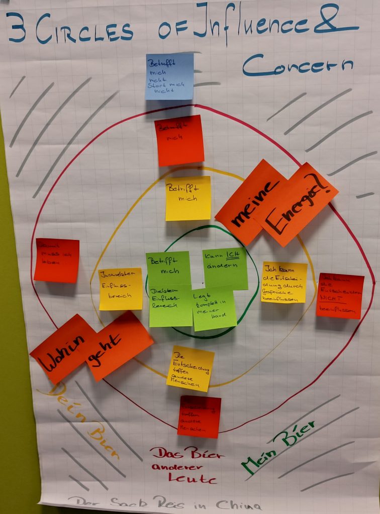 Eine Abbildung der 3 Cicles of Influence and Concern mit bunten Klebezetteln auf Flipchartpapier. 
Bildrechte: Daniela Siegel